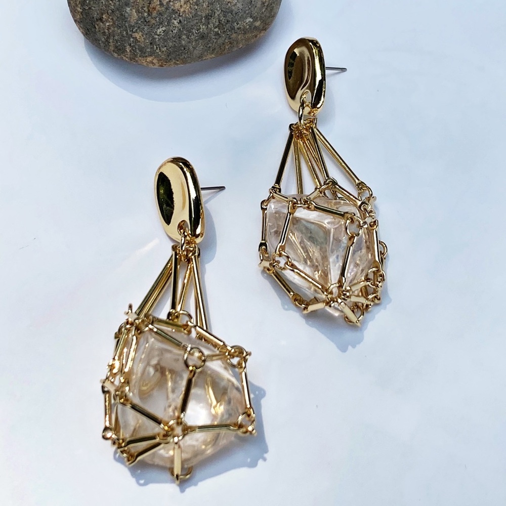 NEW Gold & Crystal Cage Drop Earrings - Picture 5 of 10